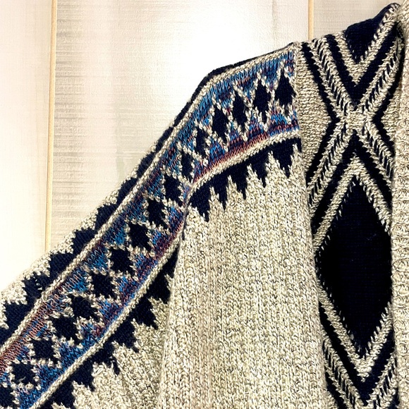 NWT Lucky Brand Tribal Aztec Tan Navy Open Longline Cardigan Sz S/P Sweater - Picture 7 of 7